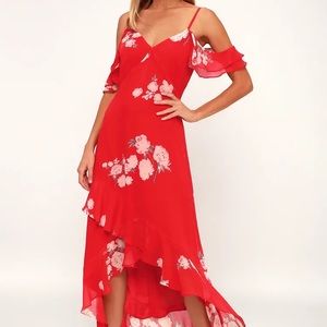 Lulus Red High-Low Dress with Flowers